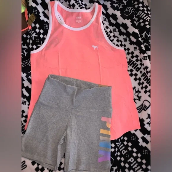 VS Pink 6” Cotton Biker Shorts Rainbow Gradient & Coral Flash Racerback Tank Top